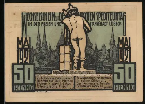 Notgeld Lübeck 1921, 50 Pfennig, Deutscher Spediteurtag, Merkur-Statue & Stadtansicht, Wappen Kaufmannschaft Lübeck