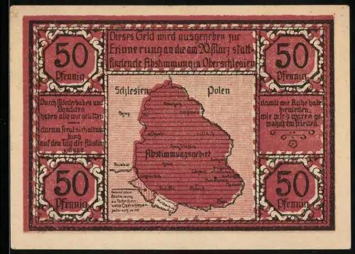 Notgeld Bielschowitz 1921, 50 Pfennig, Karte von Abstimmungsgebiet in Oberschlesien und Gebäudeansichten