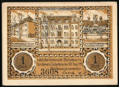 Notgeld Bielschowitz 1921, 1 Mark, Verwaltungsgebäude und Abstimmungsgebietskarte Oberschlesien