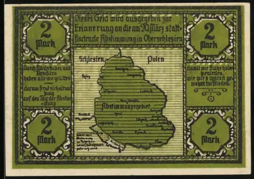 Notgeld Bielschowitz 1921, 2 Mark, Karte vom Abstimmungsgebiet Oberschlesien und Gebäudeansichten