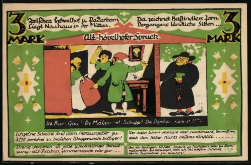 Notgeld Neuhaus 1921, 3 Mark, Julius von Bastineller, humorvolle ländliche Szene mit Spruch und Schriftzug Drei Mark