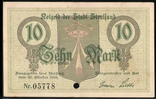 Notgeld Stralsund 1918, 10 Mark, gekröntes Wappenschild mit Szeptern und ornamentalem Muster, gelocht (entwertet)
