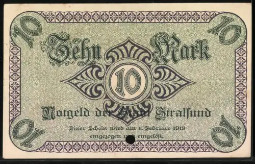 Notgeld Stralsund 1918, 10 Mark, gekröntes Wappenschild mit Szeptern und ornamentalem Muster, gelocht (entwertet)