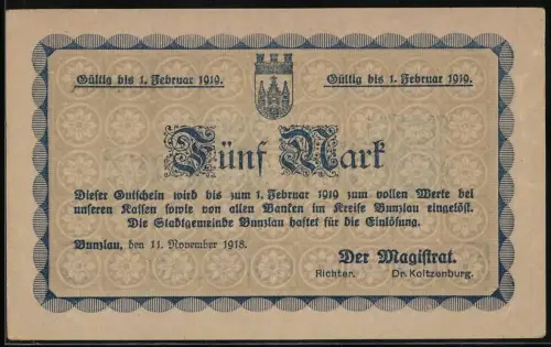 Notgeld Bunzlau 1918, 5 Mark, blauer Schriftzug mit Stadtwappen und dekorativem Muster