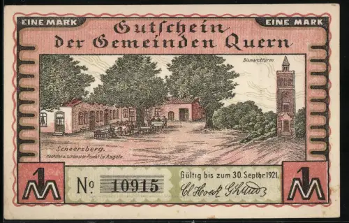 Notgeld Quern 1921, 1 Mark, Landschaft Scheersberg und Bismarckturm mit Richtungskarte