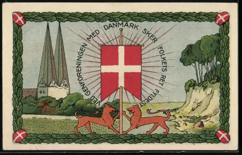 Notgeld Broager 1920, 1 Mark, Fahnen und Wappen, dänische Löwen und Landschaft