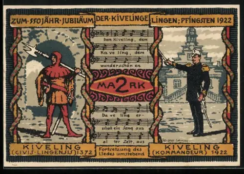 Notgeld Lingen 1922, 2 Mark, Kivelinge-Jubiläum mit Rittern und Musiknoten