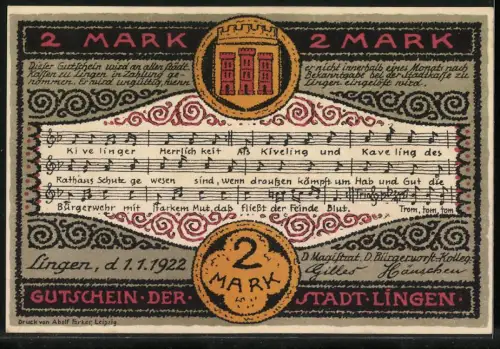 Notgeld Lingen 1922, 2 Mark, Kivelinge-Jubiläum mit Rittern und Musiknoten