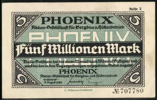 Notgeld Düsseldorf 1923, 5 Millionen Mark, Phoenix AG für Bergbau und Hüttenbetrieb