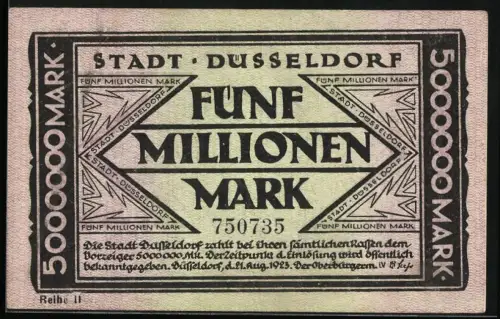 Notgeld Düsseldorf 1923, 5 Millionen Mark, Kinder auf Brunnen mit Ornamenten