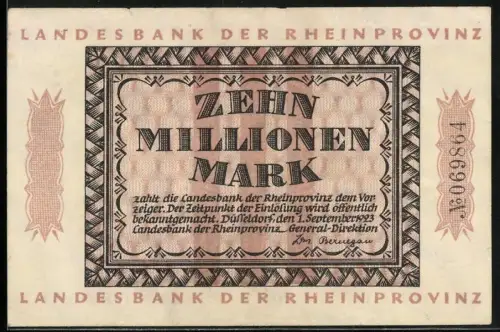 Notgeld Düsseldorf 1923, 10 Millionen Mark, Landesbankadler der Rheinprovinz und Arbeiter mit Hammer und Sense
