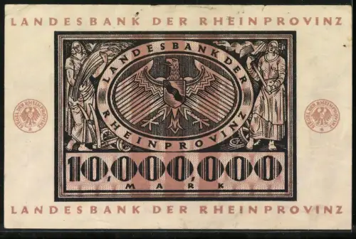 Notgeld Düsseldorf 1923, 10 Millionen Mark, Landesbankadler der Rheinprovinz und Arbeiter mit Hammer und Sense