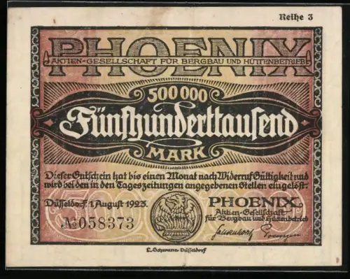 Notgeld Düsseldorf 1923, 500.000 Mark, Phoenix AG für Bergbau & Hüttenbetrieb, Phönix steigt aus Flammen empor