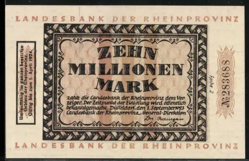 Notgeld Düsseldorf 1923, 10 Millionen Mark, Adler und Figuren, Landesbank der Rheinprovinz