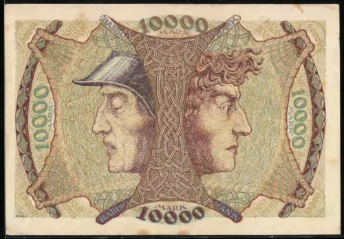 Notgeld Mannheim 1923, 10.000 Mark, Heldenköpfe und Wappen der Badischen Bank