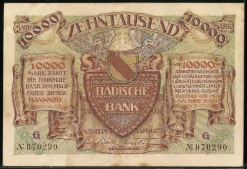 Notgeld Mannheim 1923, 10.000 Mark, Heldenköpfe und Wappen der Badischen Bank