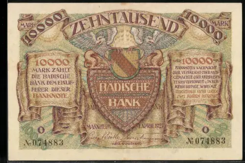 Notgeld Mannheim 1923, 10.000 Mark, Badische Bank, Wappen mit zwei Greifen und zwei Köpfe mit Helm und lockigem Haar