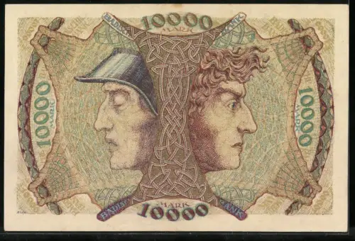 Notgeld Mannheim 1923, 10.000 Mark, Badische Bank, Wappen mit zwei Greifen und zwei Köpfe mit Helm und lockigem Haar