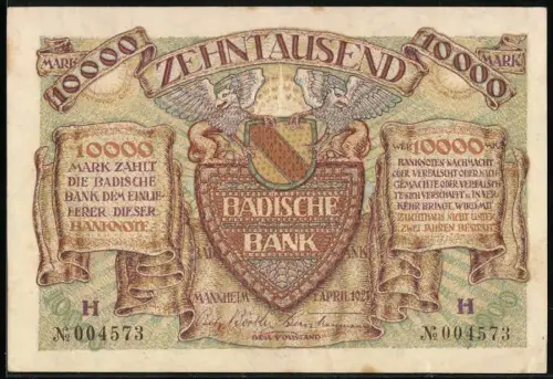Notgeld Mannheim 1923, 10.000 Mark, Badische Bank mit Wappen und zwei Köpfen im Profil