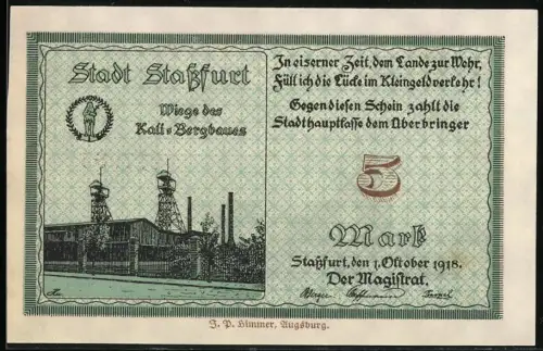 Notgeld Stassfurt 1918, 5 Mark, Kali-Bergbau und Stadtansicht