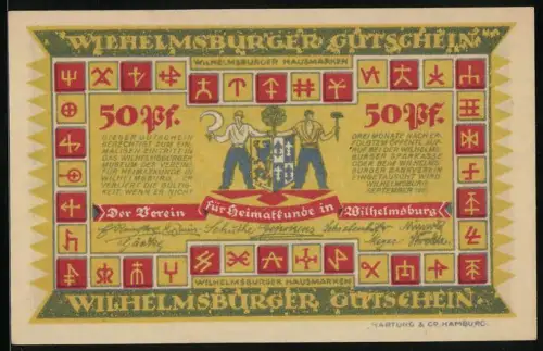 Notgeld Wilhelmsburg, 50 Pfennig, Männer mit Wappen und Reiter auf Pferd vor Turm