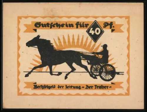 Notgeld Hamburg 1921, 40 Pfennig, Wechselgeld der Zeitung Der Traber, Pferdekutsche Rennpferd mit Sulky