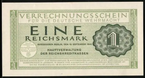 Notgeld Berlin 1944, 1 Reichsmark, Verrechnungsschein für die Deutsche Wehrmacht