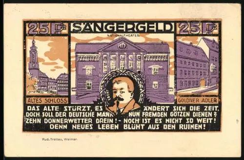 Notgeld Weimar 1921, 25 Pf, Nationaltheater, Altes Schloss, Goldner Adler, Thür. Sängerfest, tanzende Figuren