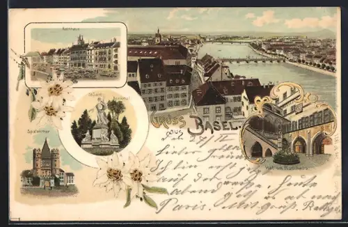 Lithographie Basel, Spalentor, Rathaus, Gesamtansicht