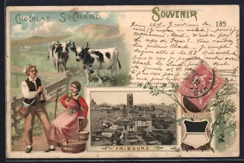 Lithographie Fribourg, Teilansicht, Chocolat Suchard, Bauernpaar auf der Weide