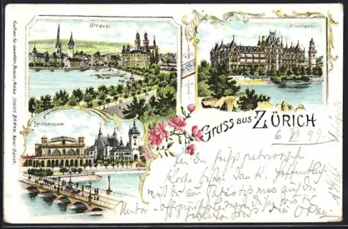 Lithographie Zürich, Landesmuseum, Alpenquai, Uroquai