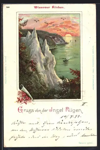 Lithographie Sassnitz, Stubbenkammer, Wissower Klinken, Segelschiff, gerahmte Ansicht