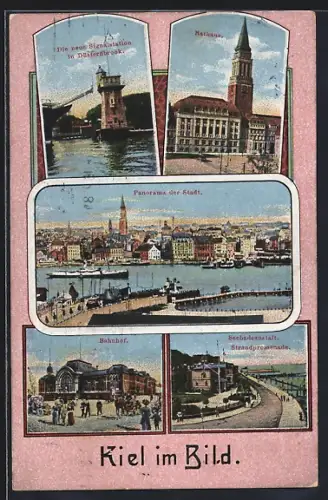 AK Kiel, Rathaus, Bahnhof, Seebadeanstalt