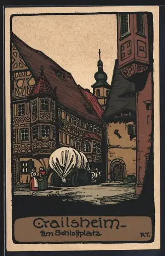 Steindruck-AK Crailsheim, Am Schlossplatz, Kirche, Planwagen