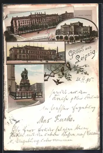 Vorläufer-Lithographie Leipzig, 1895, Kaiserl. Ober-Postdirektion, Neues Theater, Museum