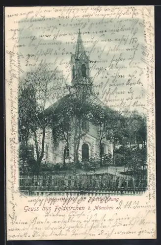 AK Feldkirchen b. München, Prot. Kirche und Pfarrwohnung