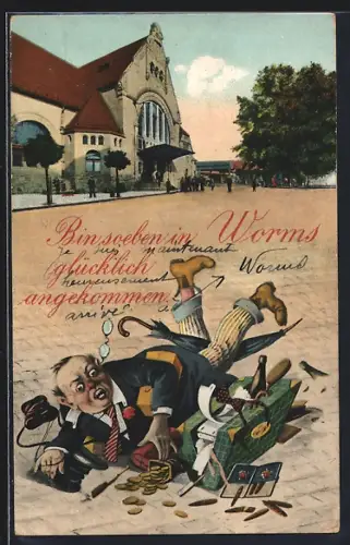 AK Worms, Bahnhof, Stürzender Reisender