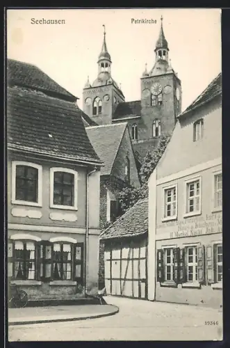 AK Seehausen / Altmark, Geschäft H. Merkel, Petrikirche