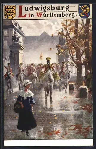 Künstler-AK Ludwigsburg /Württ., Soldaten vor dem Schloss, Plakatentwurf für den Verein für Fremdenverkehr