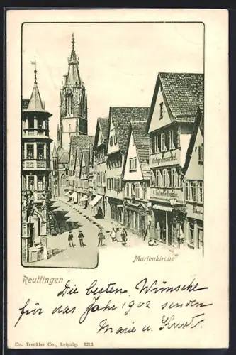 AK Reutlingen, Möbellager, Marienkirche, Strassenpartie