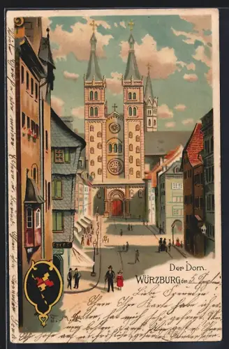 Lithographie Würzburg, Strassenpartie am Dom