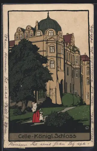 Steindruck-AK Celle, Königliches Schloss, Frau mit Schirm