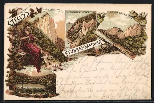 Lithographie Stubbenkammer, Wissower Klinken, Königsstuhl, Hertha-See