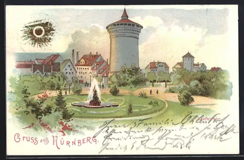 Lithographie Nürnberg, Lauferthor, Springbrunnen