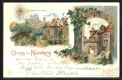 Sonnenschein-AK Nürnberg, Sonnenschein über dem Spitlerthor Graben, Eingang zur Burg