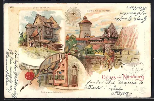 Sonnenschein-Lithographie Nürnberg, Albrecht Dürer Haus, Bratwurt Glöcklein, Partie am Spitlerthor