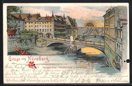 Lithographie Nürnberg, Königsbrücke, Fleischbrücke, Karlsbrücke