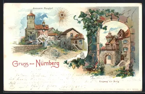 Sonnenschein-AK Nürnberg, Äusserer Burghof, Eingang zur Burg