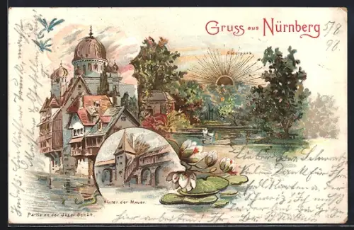 Sonnenschein-AK Nürnberg, Synagoge, Stadtpark, Hinter der Mauer