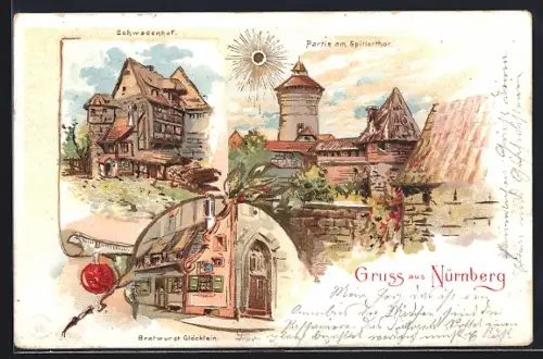 Sonnenschein-AK Nürnberg, Partie am Spitlertor, Schwedenhof, Bratwurstglöcklein